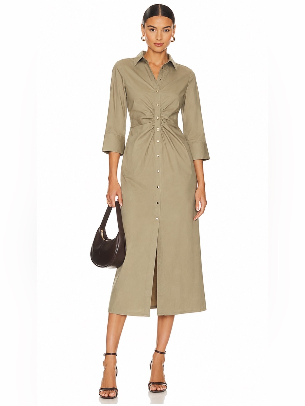 Zara Khaki Ruched Shirt Midi Dress Size M
